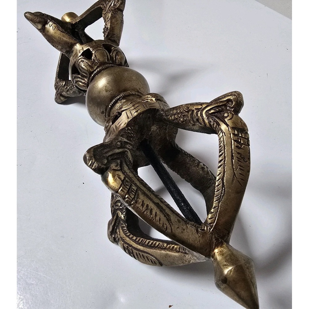 Antique Brass Tibetan Buddhist 5 pronged Vajra/Dorje 13" - Picture 2 of 16